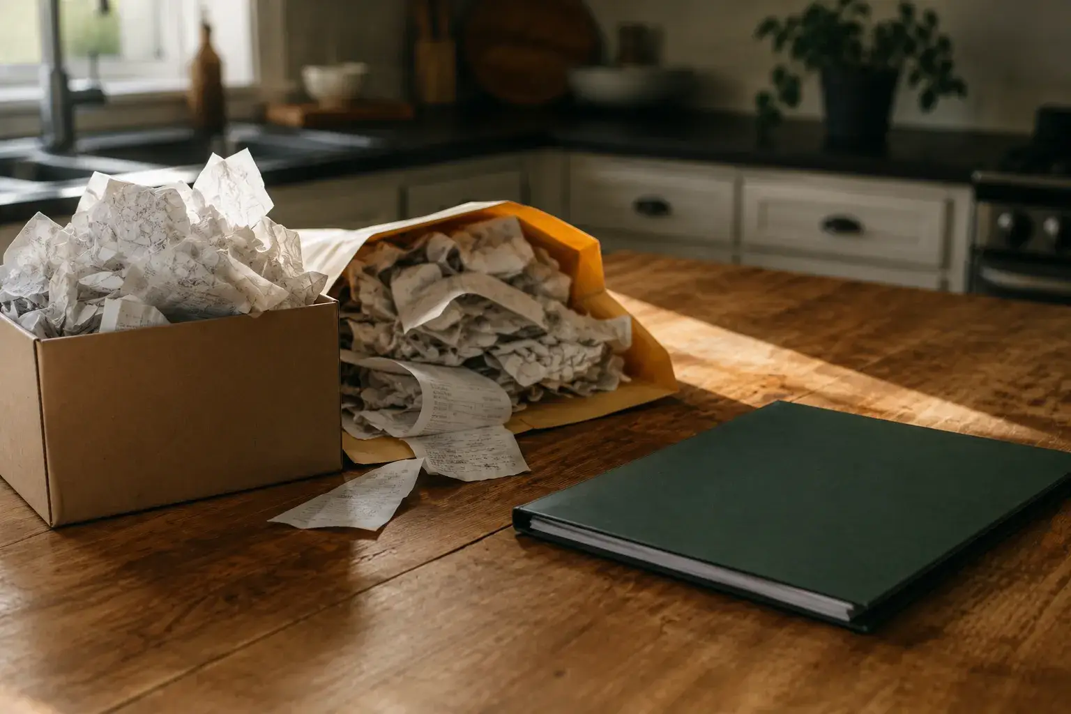 A desk covered in receipts and loose papers beside an open laptop