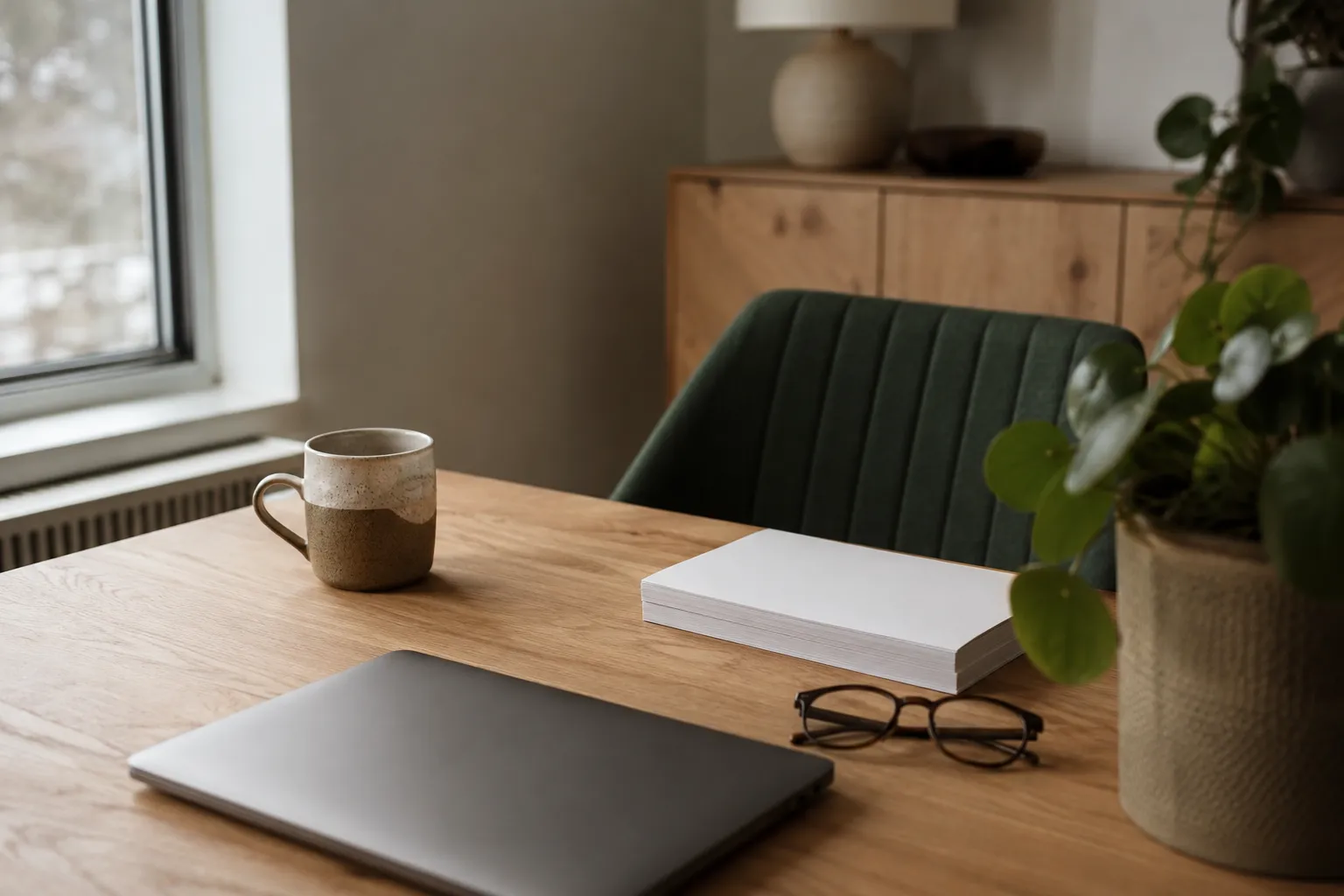 A real workspace shot: desk, screens, coffee. Not stock.